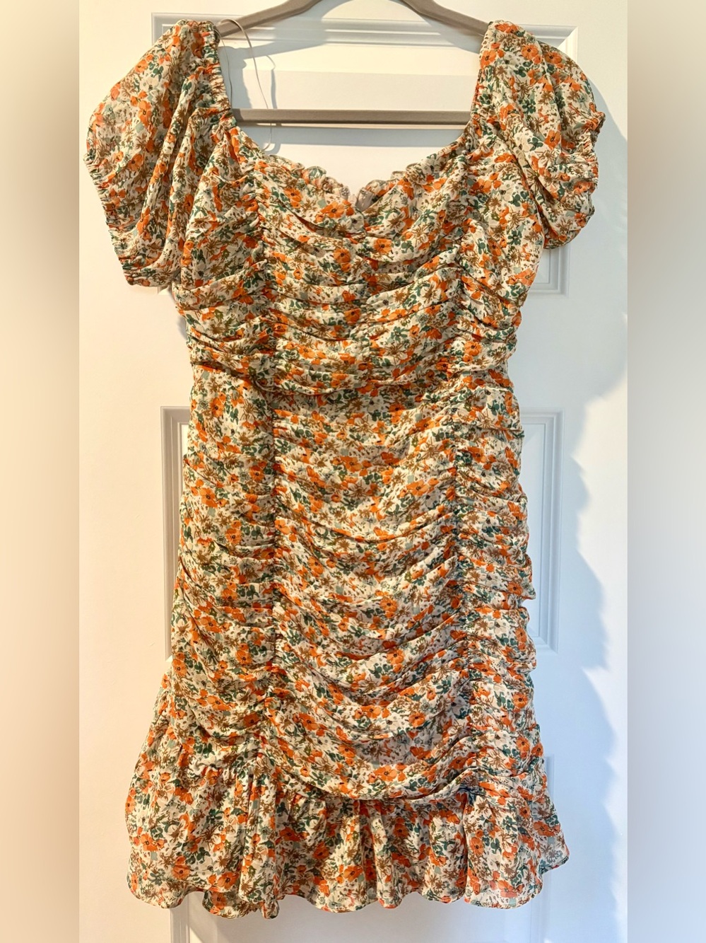 Astr Orange and Cream Floral Ruched Mini Dress